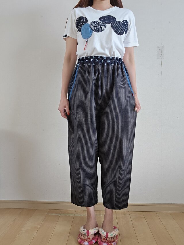 着物リメイク　手作り　縞木綿　シンプル　パンツ