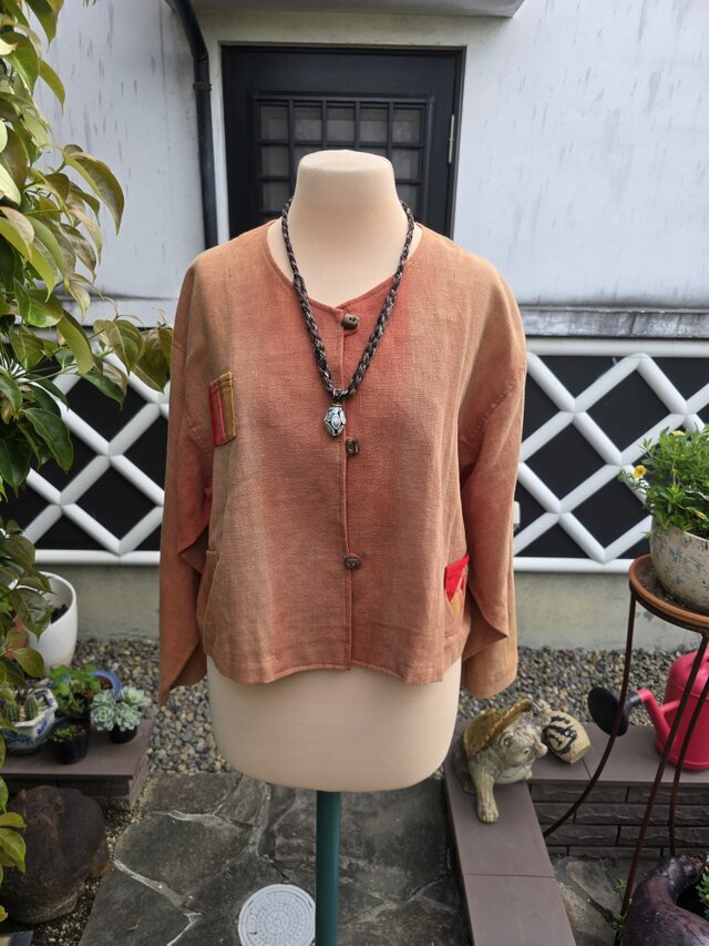 着物リメイク　手作り　紅花染め　アップリケ　ジャケット