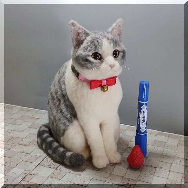羊毛フェルト 猫 サバシロ猫 サバシロ ねこ ネコ 猫フィギュア | iichi