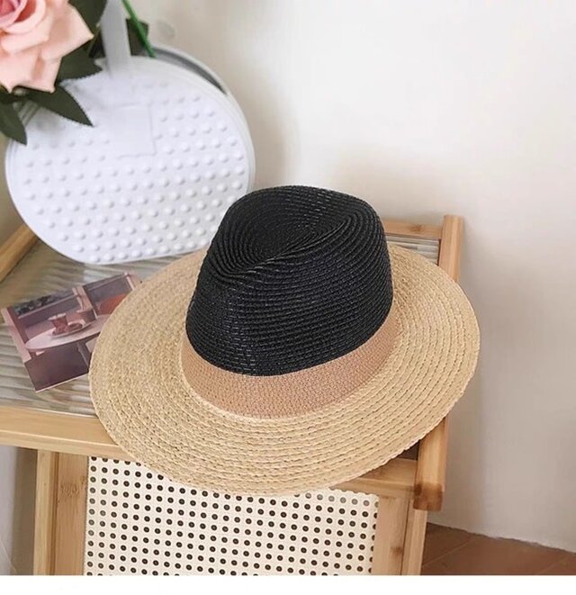 ラフィアハット、ツバ広麦わら帽子、英国風、夏用、ストローハット、飾り ミディアムブリム 日よけ・UV対策