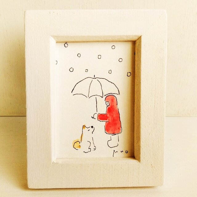 ミニ原画・イラスト】「雨の日キミと」 ※木製額縁入り 犬の絵・水彩