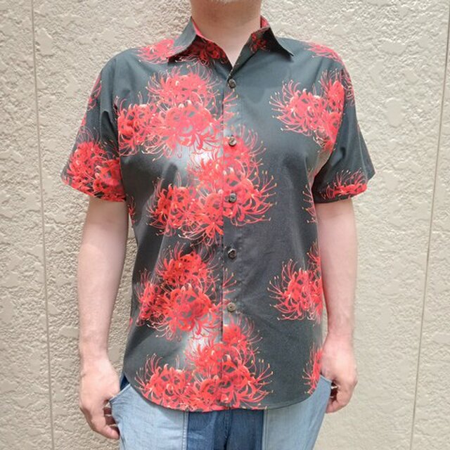半袖デザイナーズファブリックシャツ（ぼかし彼岸花）赤