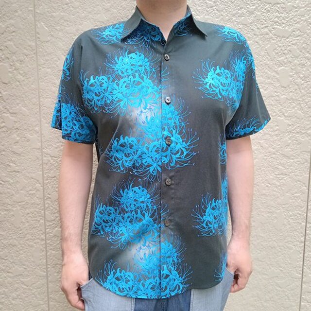 半袖デザイナーズファブリックシャツ（ぼかし彼岸花）青