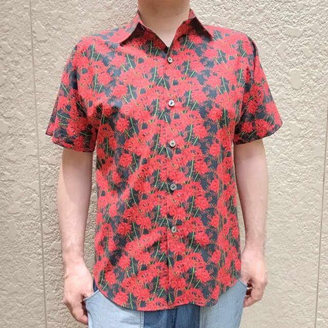 半袖デザイナーズファブリックシャツ（彼岸花）黒赤