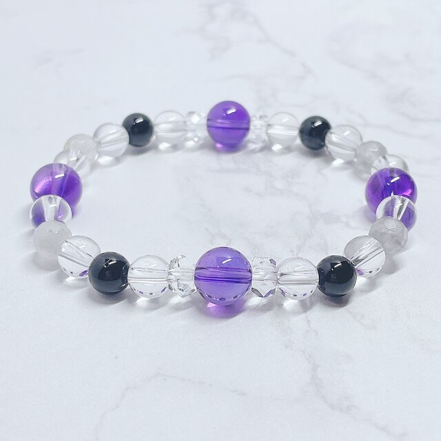 【いじめや人間関係の悩みを吹き飛ばす!学校や職場に◎】アメジスト・オニキス・水晶 天然石ブレス/パワーストーンブレスNo807