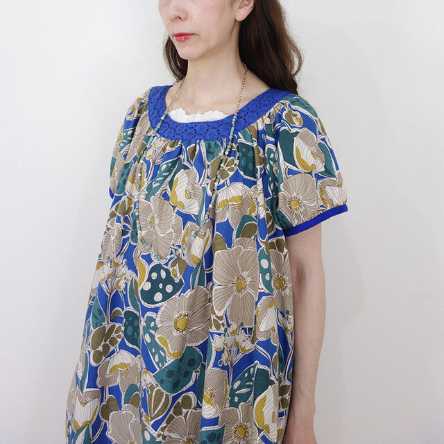 [予約販売] ブルームブーケ・レースヨークの綿麻パフスリーブワンピース