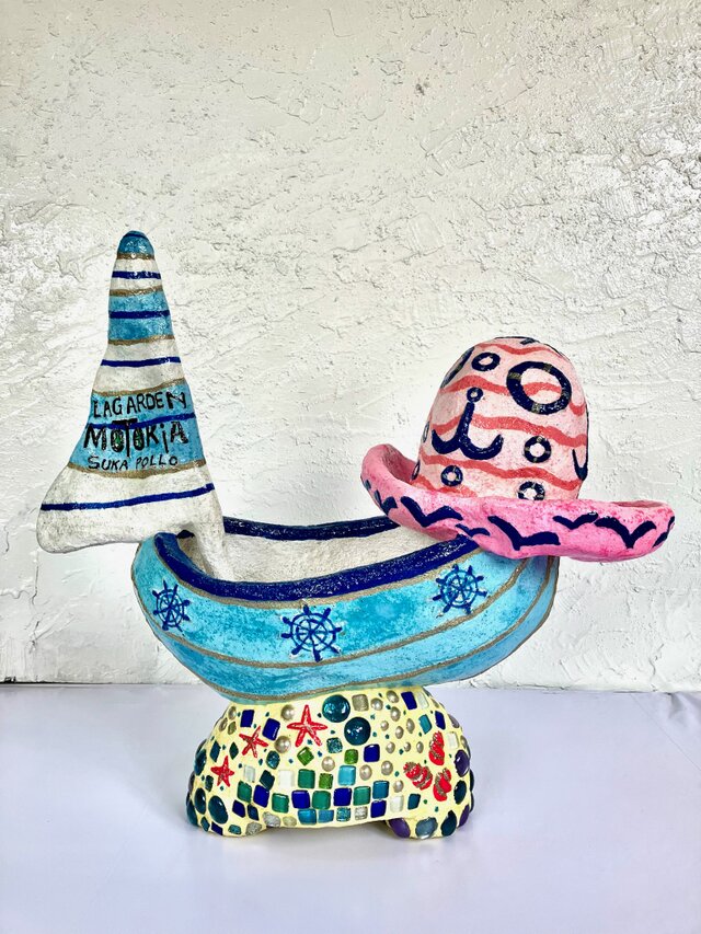 植木鉢　セメント　ヨットと帽子プランターオブジェ手作り