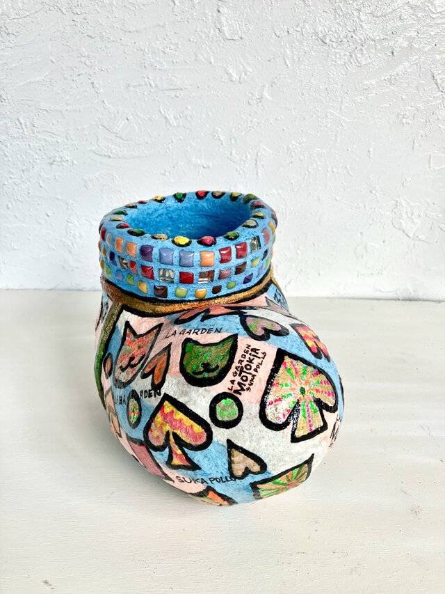 植木鉢 セメント ガラスタイル付き猫柄ブーツプランターオブジェ手作り