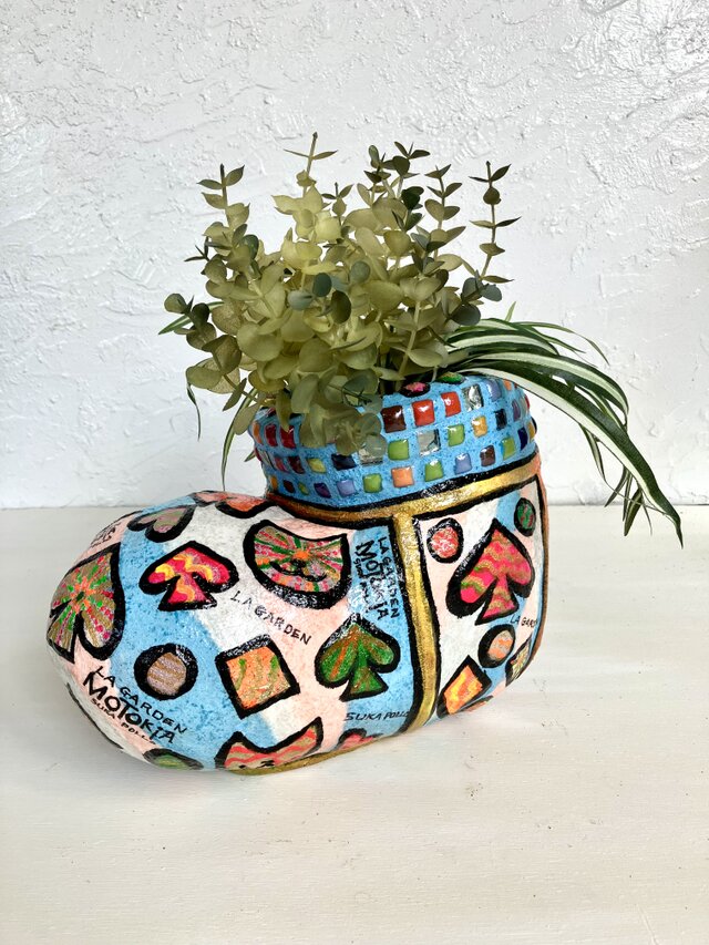 植木鉢 セメント ガラスタイル付き猫柄ブーツプランターオブジェ手作り