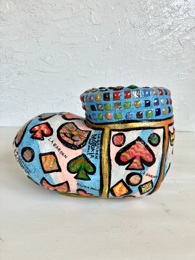 植木鉢 セメント ガラスタイル付き猫柄ブーツプランターオブジェ手作り