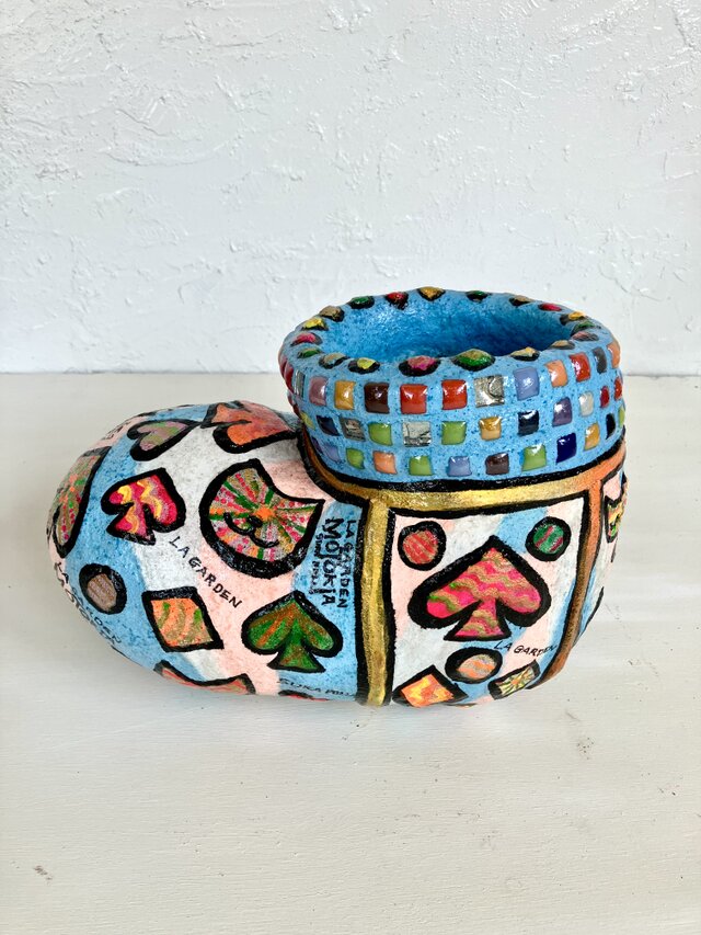 植木鉢 セメント ガラスタイル付き猫柄ブーツプランターオブジェ手作り