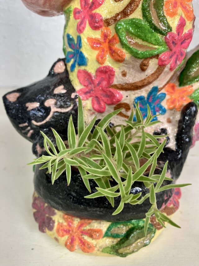 植木鉢　セメント　ミニサイズ猫　サボテン形花柄プランターオブジェ手作り