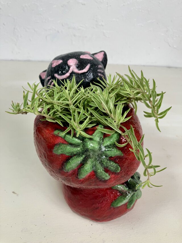 植木鉢 セメント ミニサイズ猫 トマト形プランターオブジェ手作り