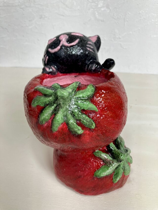 植木鉢 セメント ミニサイズ猫 トマト形プランターオブジェ手作り