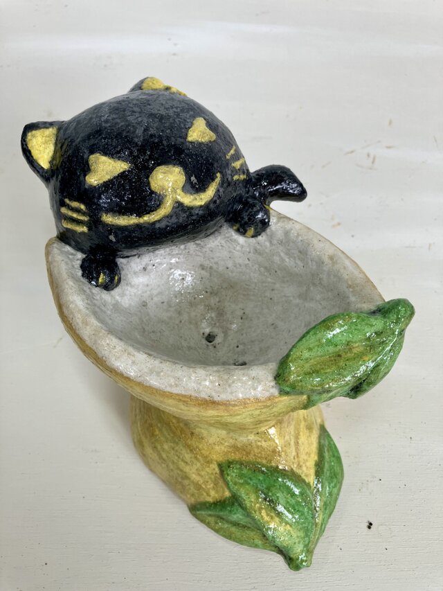 植木鉢　セメント　ミニサイズ猫　レモン形プランターオブジェ手作り