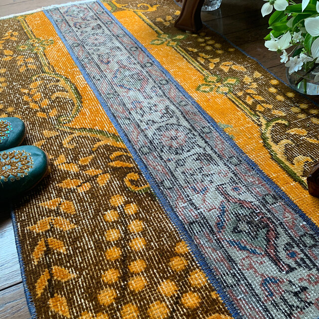 オレンジ　ボタニカル　パッチワークラグ　116×62 トルコヴィンテージラグ