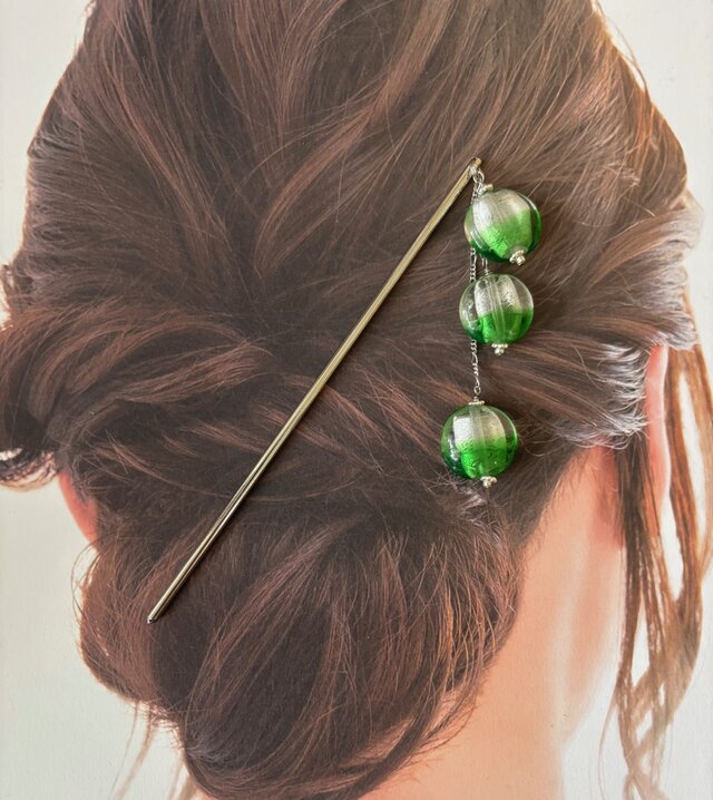 かんざし 緑とクリアの2トーンカラーのとんぼ玉A 一本挿し 一本簪