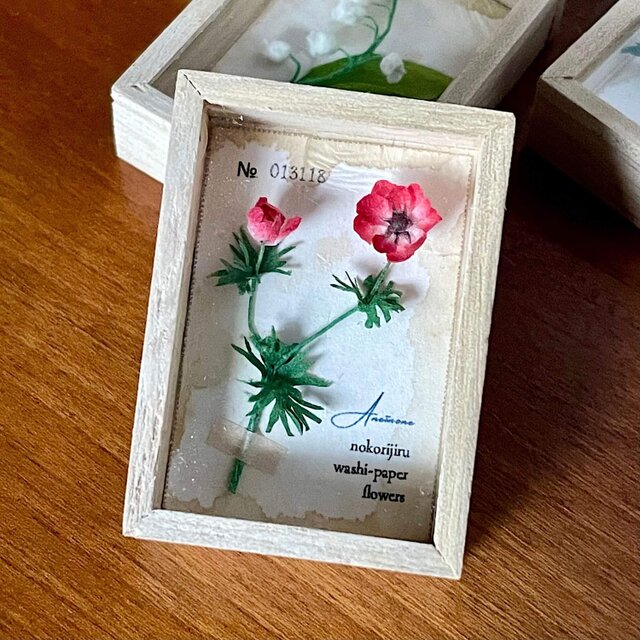 和紙の花》3種の植物標本箱のミニチュア(薄紫のマーガレット・スズラン
