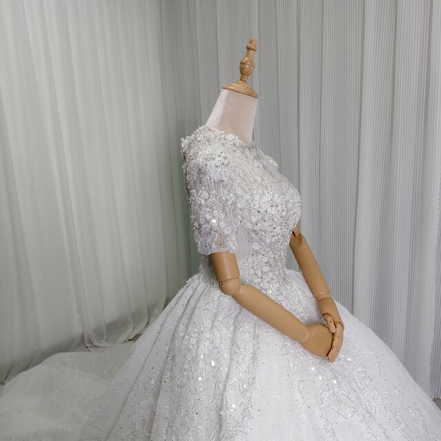 豪華！韓国風ドレス ウェディングドレス キラキラ光る刺繍 短袖