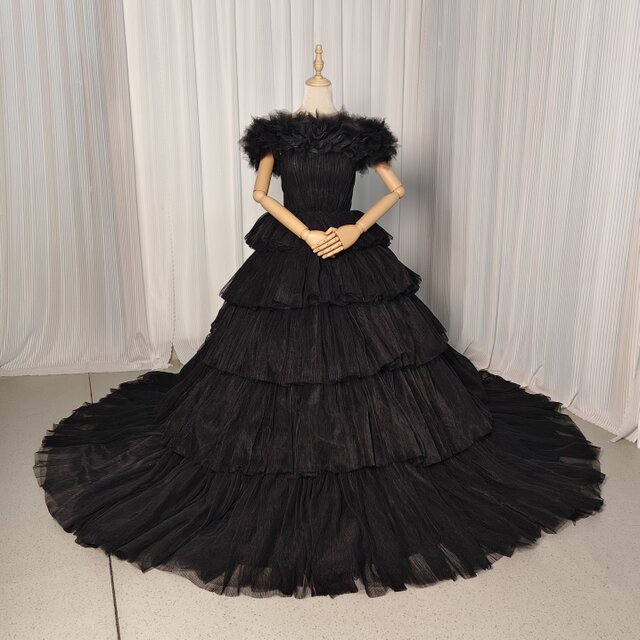 高品質！カラードレス ブラック オフショルダー プリーツドレス 編み上げ ボリュームドレス 結婚式 前撮り
