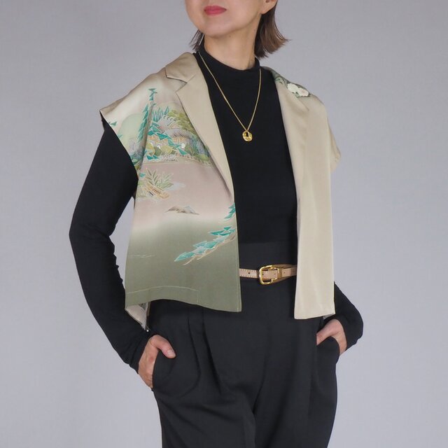 iichi価格★着物アップサイクル リメイク L クロップトップ フレンチスリーブ ノースリーブ 細見えクロップシャツ