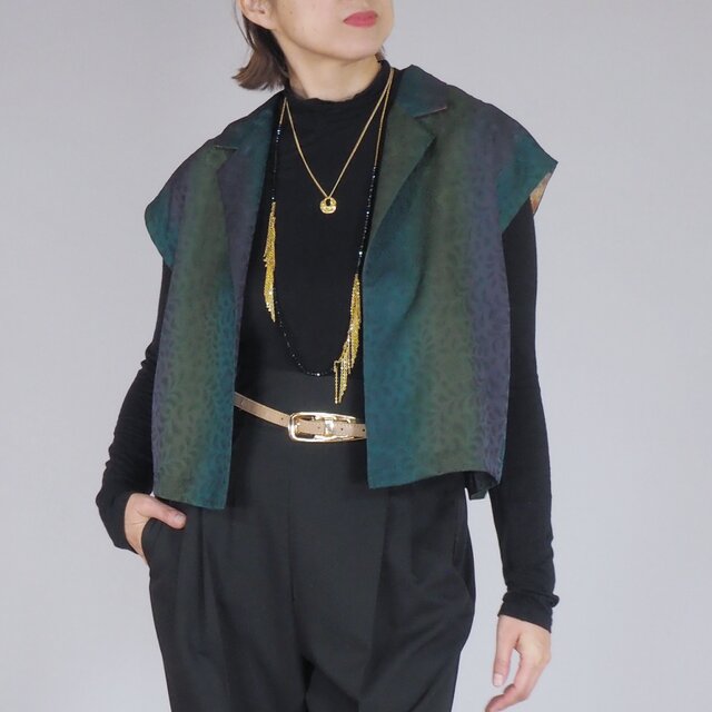 iichi価格★フレンチスリーブ　クロップシャツ　70sヴィンテージ着物リメイク　レディースM-L ノースリーブシャツ