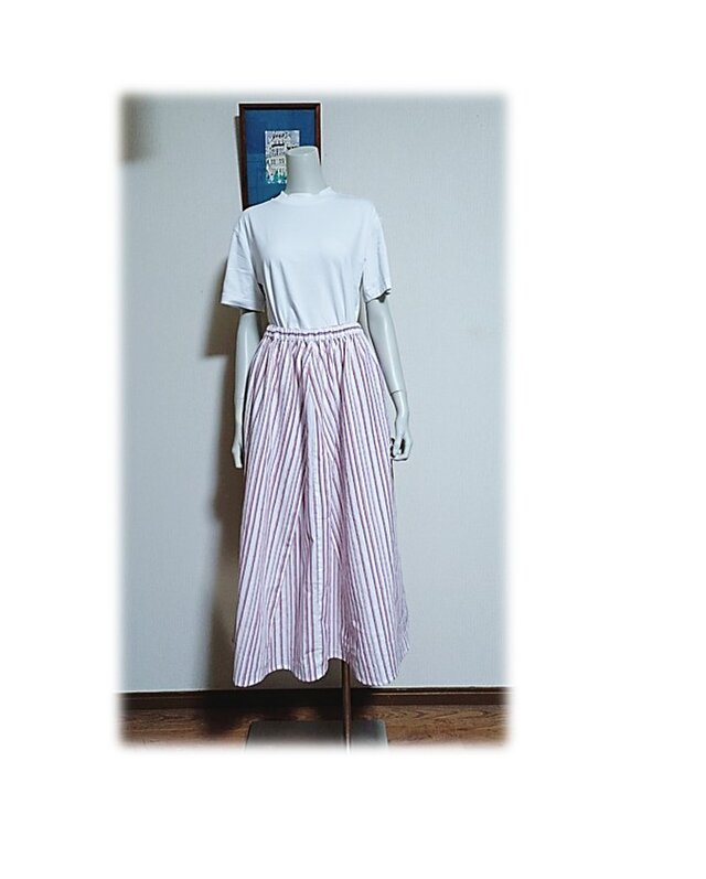 195　　セミギャザーフレアスカート　デッドストック浴衣地　　ストライプ　ピンク