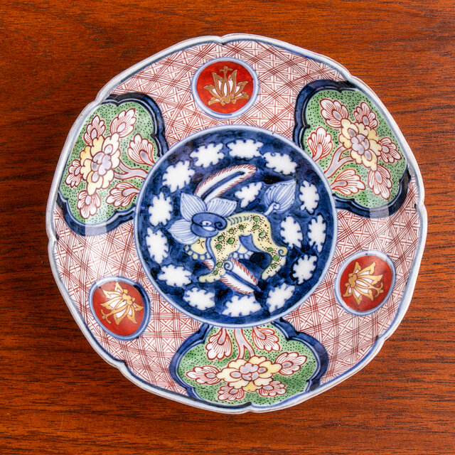 大聖寺伊万里 金襴手花神獣文五寸皿 明治時代 E1220B