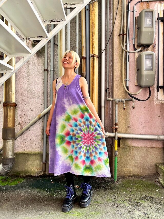 タイダイ ノースリーブワンピース 幻想的な大曼荼羅　薄紫色 HD24-19