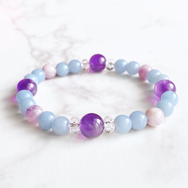 【再販7点以上】ストレスフリーのお守り アメジスト エンジェライト  パワーストーン 天然石 ブレスレット No342