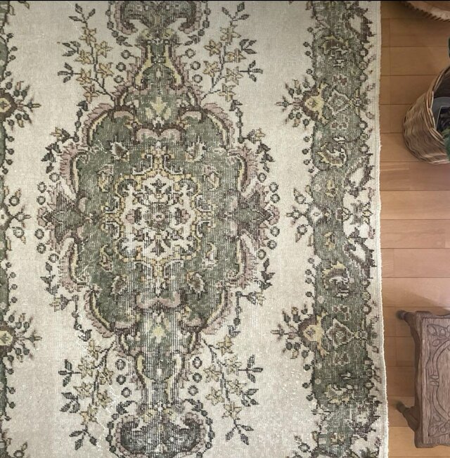 115×206 モスグリーン×クリーム　メダリオン　トルコヴィンテージラグ 115×206 モスグリーン×クリーム メダリオン トルコヴィンテージ
