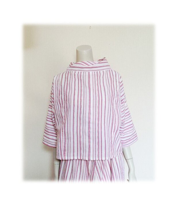 110　１点物　プルオーバー　デッドストック浴衣地リメイク　ねじりオフタートル　クロップド丈　ストライプ　ピンク