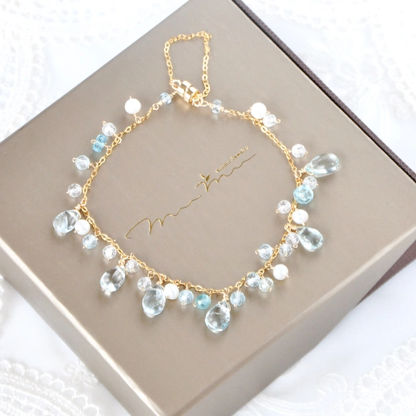 しずくの舞　14kgf/アクアマリンxブルートパーズxブルーアパタイトブレスレット　マグネットクラスプ