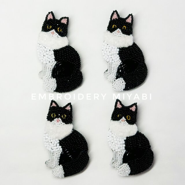 ハチワレ 猫のビーズ刺繍ブローチ | iichi 日々の暮らしを心地よくする