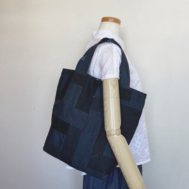 リネン・ネイビー＆ブラック・コラージュトート