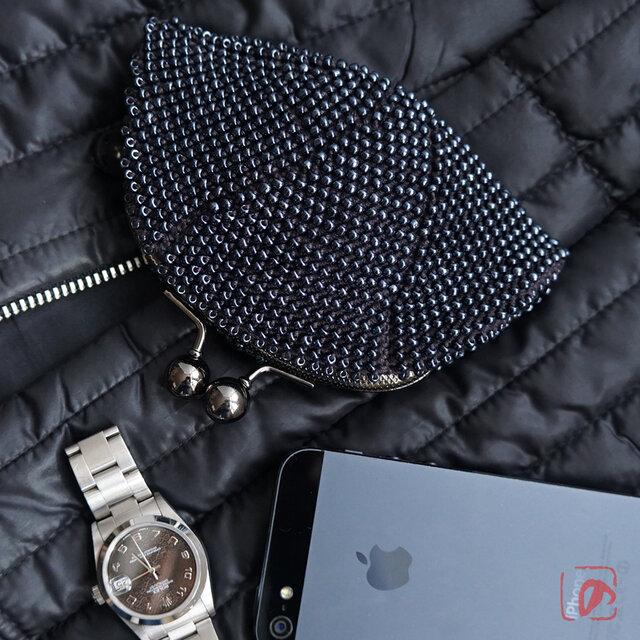 ばあば、ガラスビーズの大きめがま口（Hämatit・2119）