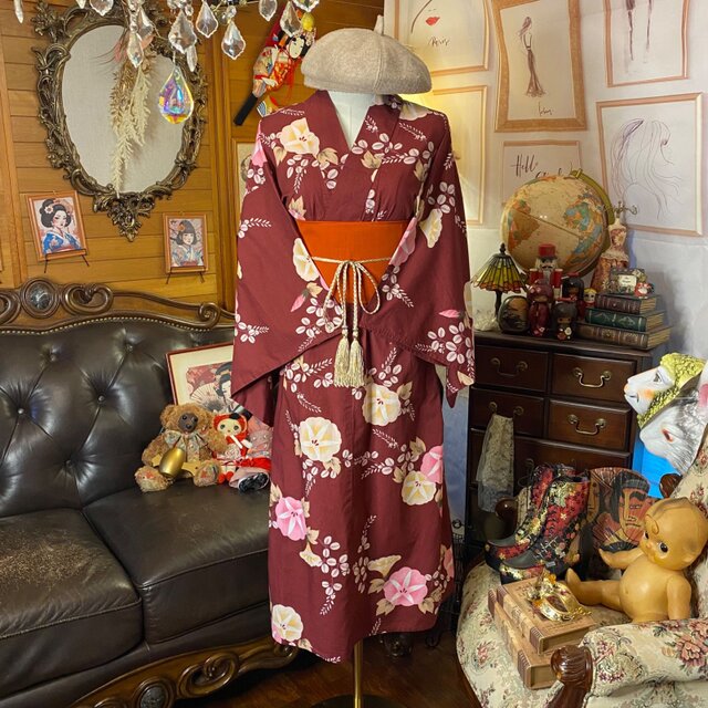 浴衣リメイク セミロング ワンピース ドレス 帯サッシュベルト 和洋