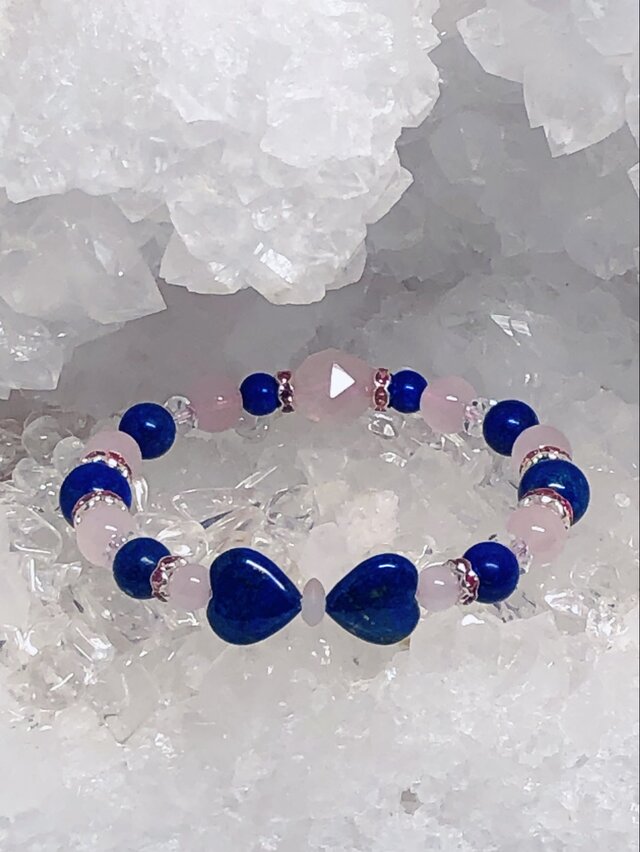 ムーンストーン&ラピスラズリ ブレスレット 17cm ハートチャーム付き ラピスラズリ ハートリボン ローズクォーツ 天然石ブレスレット