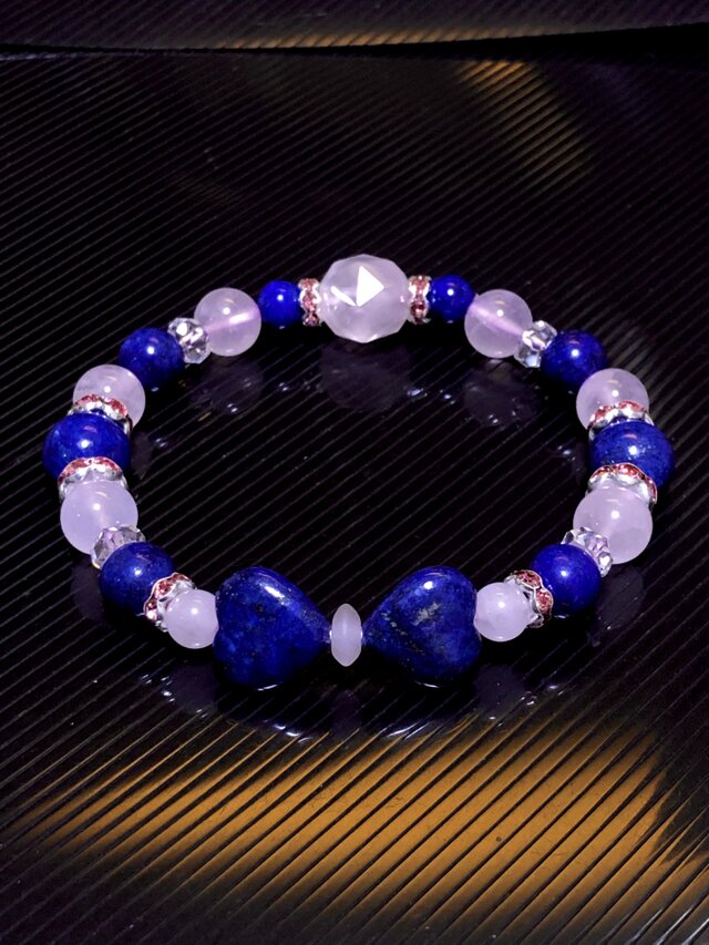 ムーンストーン&ラピスラズリ ブレスレット 17cm ハートチャーム付き ラピスラズリ ハートリボン ローズクォーツ 天然石ブレスレット