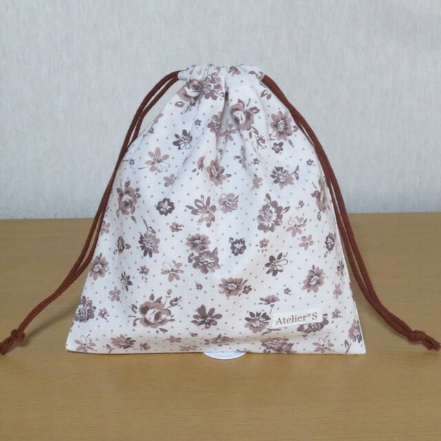 ミニ巾着★ドット★花柄（ブラウン×生成）