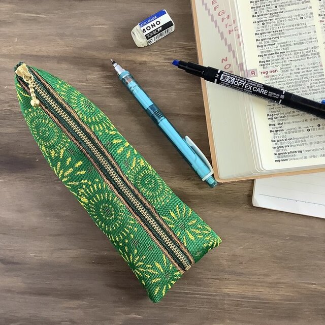 【花火】畳縁　テトラ型　ペンケース　緑　夏　お祭り