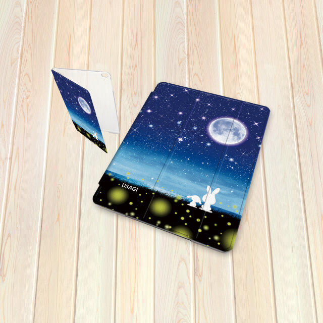 手帳型 iPadケース 【バックカバー：ハードタイプ】片面印刷/カメラ穴有【ほのぼのうさぎ（蛍火）】