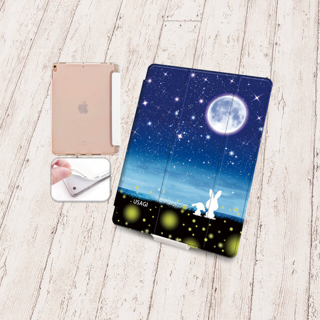 手帳型iPadケース【バックカバー：ソフトタイプ】片面印刷/カメラ穴有【ほのぼのうさぎ（蛍火）】