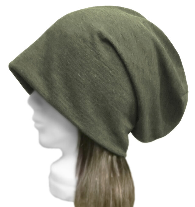 ロングルーズワッチキャップ◆鹿の子織コットンニット／杢オリーブ　◇ゆったりサイズ・小顔効果・オールシーズン着用◇