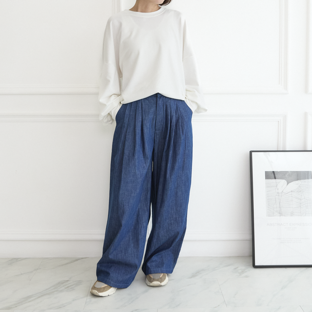 【丈調整できる】プリーツタック ライトオンスのシャンブレー 大人のデニムパンツ 後ろゴム 　【3サイズ】 0731BL