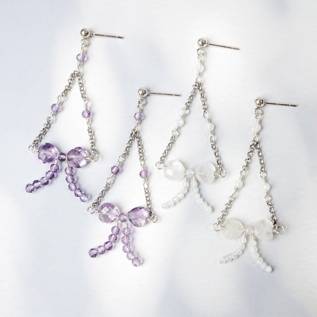【選べる天然石】「甘辛リボン」ピアス イヤリング アメジスト ムーンストーン 天然石 シルバー silver925