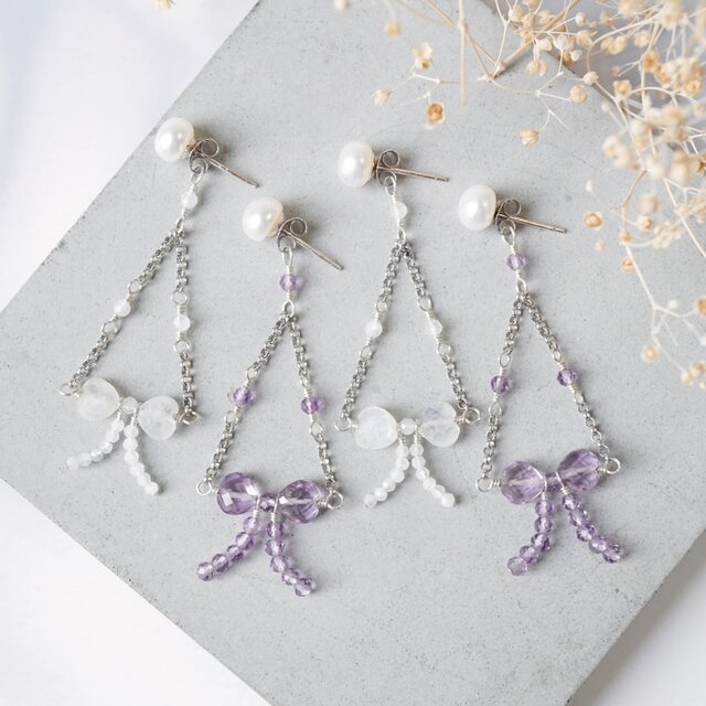 【選べる天然石】「甘辛リボン」2wayピアス アメジスト ムーンストーン 天然石 シルバー silver925