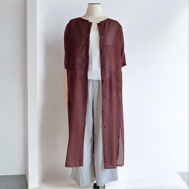 バンドカラー　ワンピース【送料込み】着物リメイク　ワインレッド