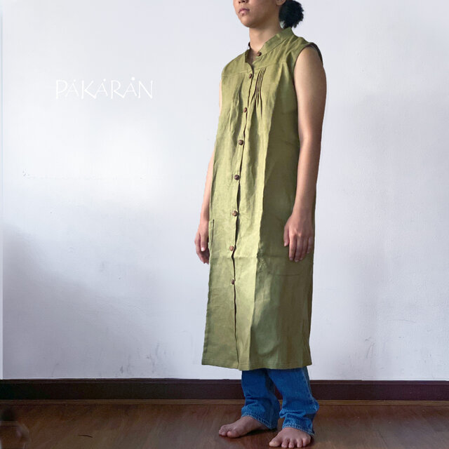 リネン 大人のワシャツンピース・オリーブグリーンのノースリーブロングブラウス