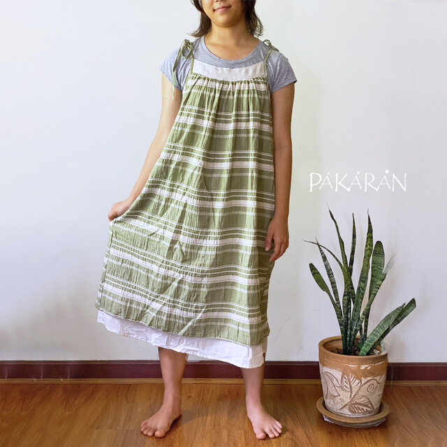リネンコットンのダブルワンピース・ボーダーグリーン